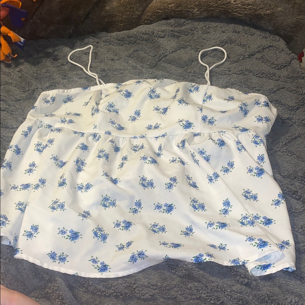 SHEIN Women’s White Spaghetti Strap Top with Blue Floral Print